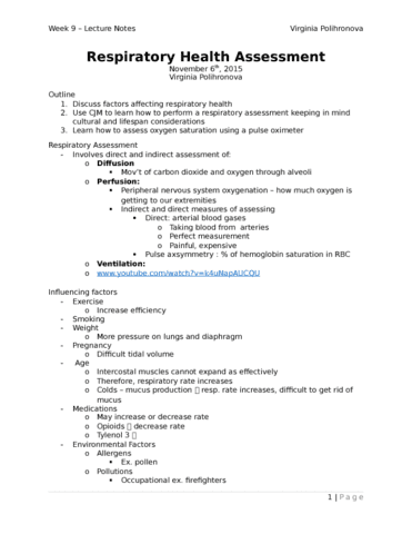 Nursing 1080A/B Lecture 9: Respiratory Assessment - OneClass